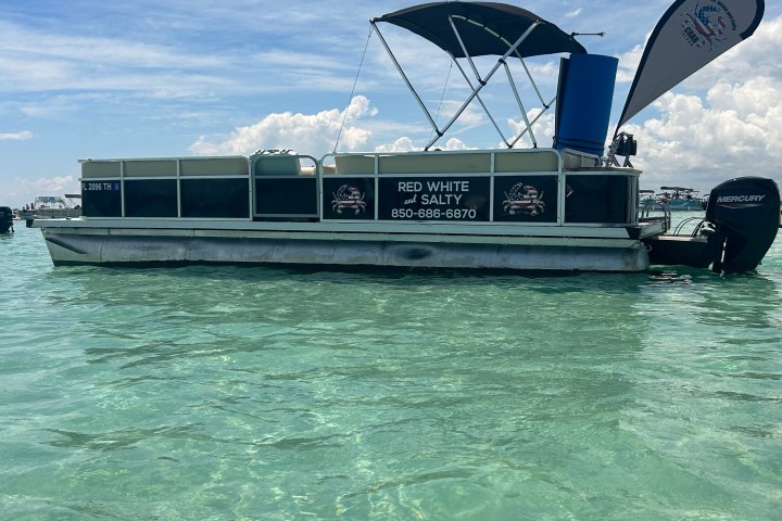 Pontoon boat on clear water with a canopy and flag, named 'Red White and Salty.'