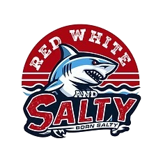 Logo with a shark and text 'Red White and Salty' on a red background.
