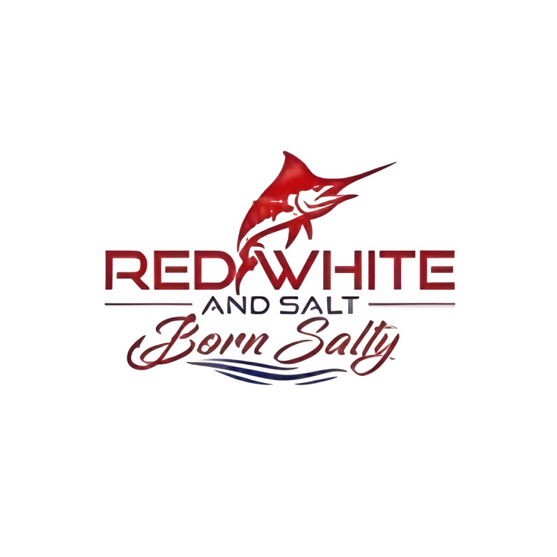 Logo with a marlin and text: Red White and Salt, Born Salty.