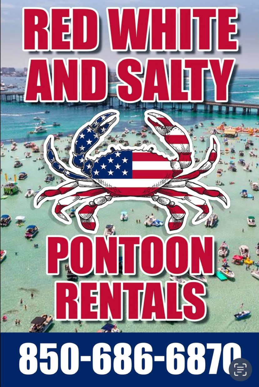 Pontoon rentals ad with American flag crab and beach background.